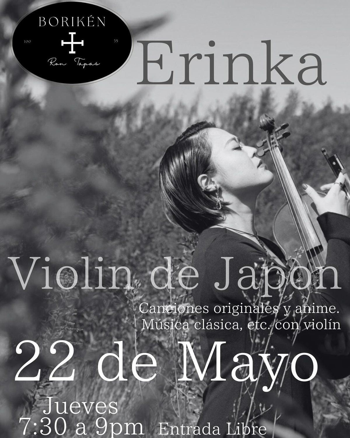 Flyer for Violin live of originals, anime and classical music (7:30-9 PM)